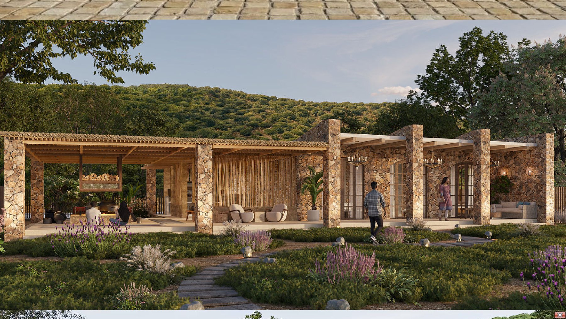 Open-plan farmhome interior spilling onto a verandah