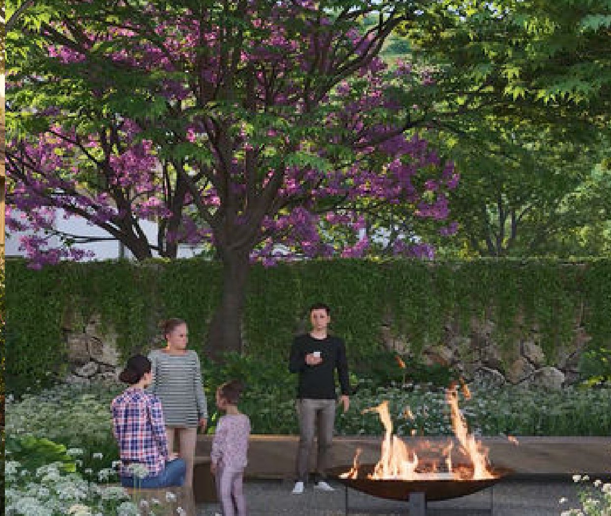 Families gathered around an evening bonfire