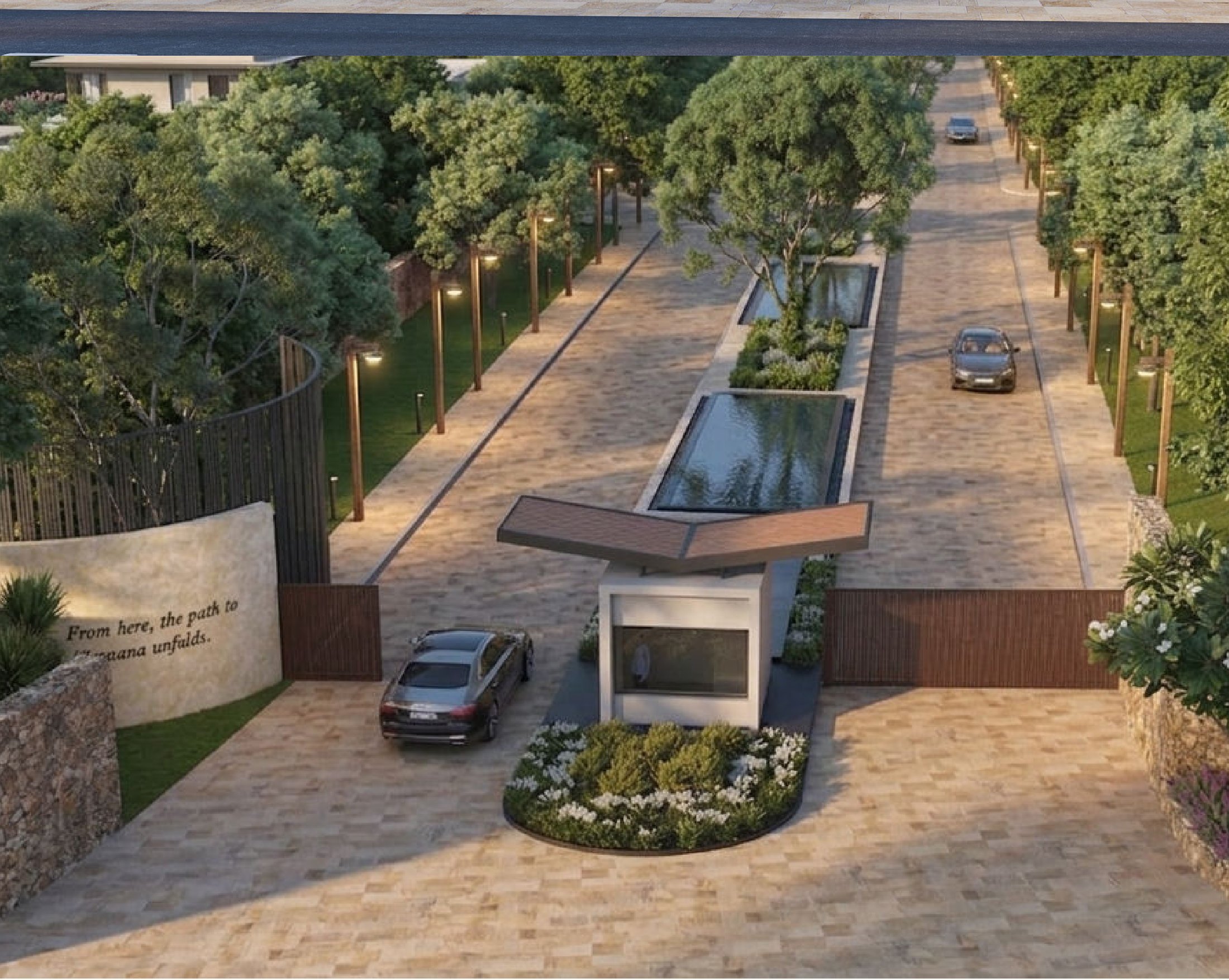 Tree-lined arrival drive at the FarmHome community entrance