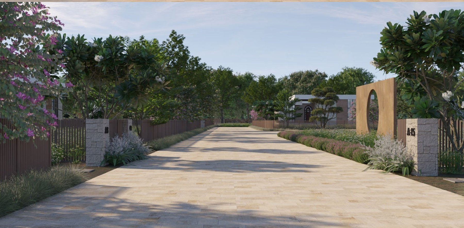 Landscaped avenue lined with young trees