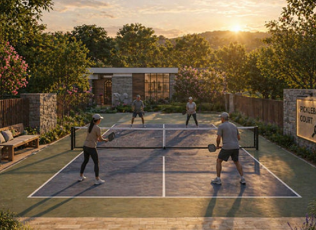 Pickleball courts at dusk