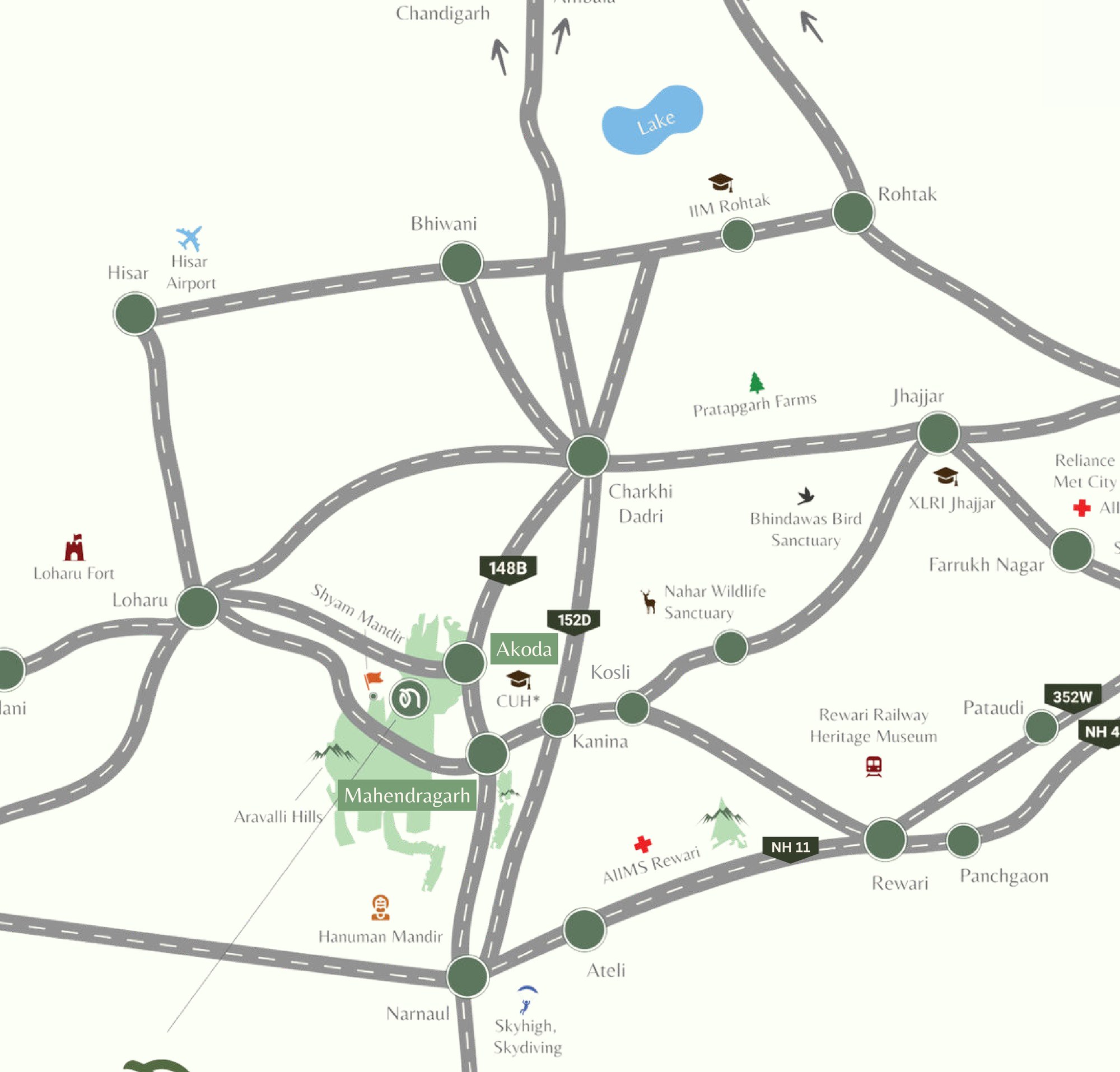 Connectivity map showing FarmHome in the Aravalli belt with highways to Gurugram and Delhi