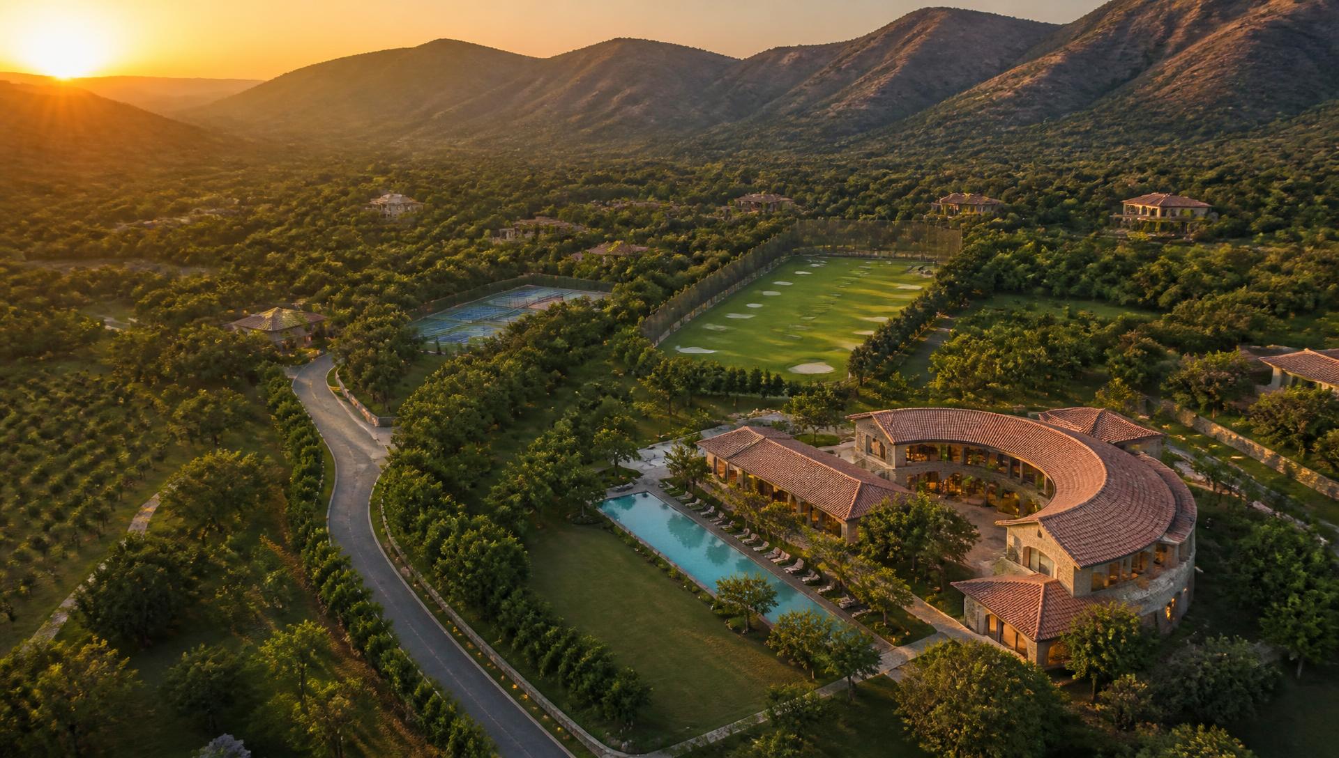 Golden-hour aerial view of a gated farmhome community with clubhouse, pool, golf range and tree-lined avenues below the Aravalli hills